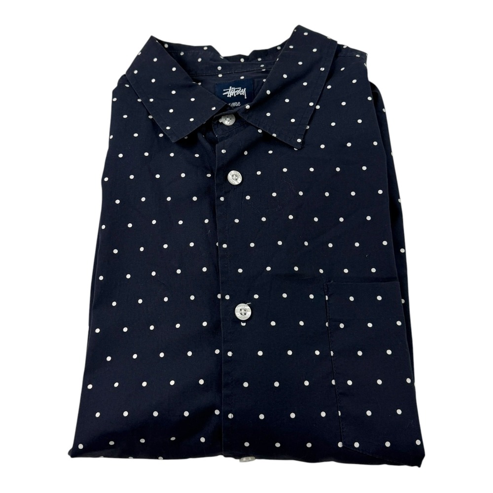 Stussy Mens XL Navy Blue Polka Dot Short Sleeve Cotton Button Down Shirt